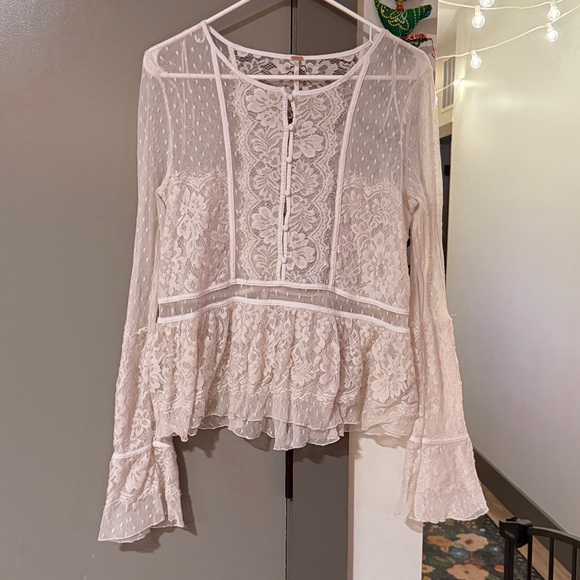 Free People Penelope Lace Swiss Dot Peplum Blouse Top White Size Large - Picture 3 of 11